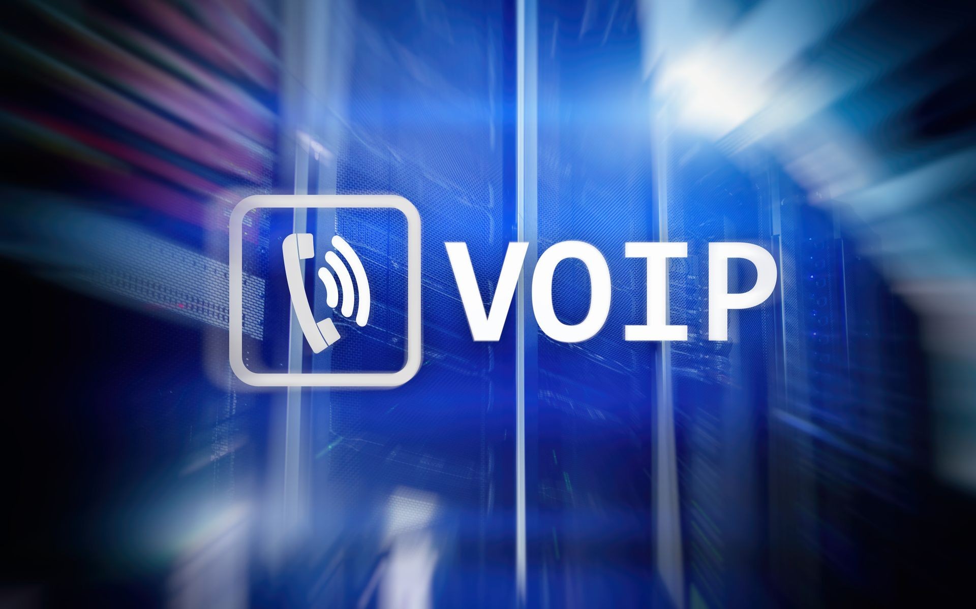 VOIP, Voice over Internet Protocol, technology that allows for speech communication via the Internet. Server room background.